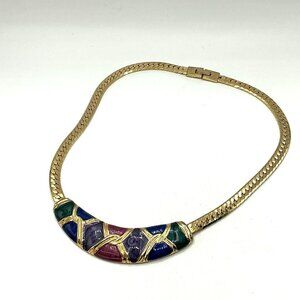 Vintage Gold Tone Herringbone Necklace With Multicolor Enamel Abstract Pendant